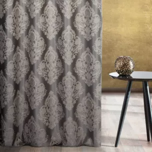 Zasłona szyta na taśmie 5 cm popielato szara tkanina w ornamentowy wzór, z dodatkiem połyskującej nici