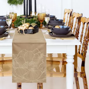 Bieżnik na stół beżowo, złocisty 35x180 cm welwetowy BLINK 13 z dużym wzorem lilii wodnej
