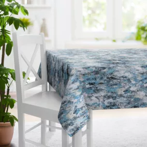 Obrus szyty turkusowo srebrny z welwetowej tkaniny z błyszczącym nadrukiem