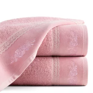 Ręcznik kąpielowy 50x90 cm bawełniany kolor różowy z koronką oraz subtelnym haftem 500 g/m2 SISI