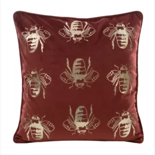 Poszewka na poduszkę 45x45 cm welwetowa, bordowo złocista z motywem pszczół BILNK