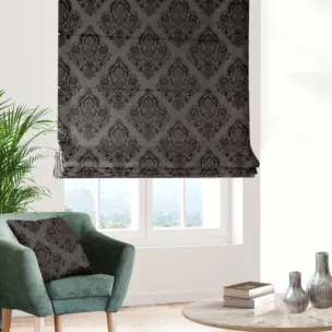 Roleta rzymska grafitowa tkanina w ornamentowy wzór, z dodatkiem połyskującej nici
