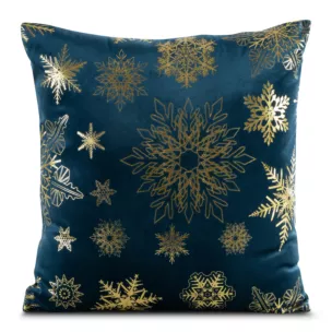 Poszewka na poduszkę 45x45 cm welwetowa, granatowo złota zdobiona śnieżynkami JOY