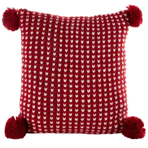 Poszewka na poduszkę 45x45 cm o plecionej strukturze czerwono biała z pomponami