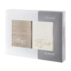 Zestaw ręczników bawełnianych na prezent 2 szt 50x90 cm z haftem Żona i Mąż kolor kremowy,beżowy 400 g/m2