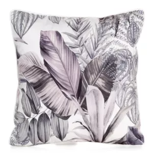 Poszewka na poduszkę 45x45 cm welwetowa, biało fioletowa zdobiona nadrukiem egzotycznych liści DAVOS DESIGN 91