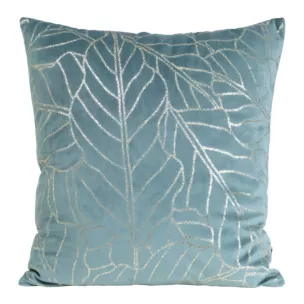 Poszewka na poduszkę 45x45 cm welwetowa niebieska z nadrukiem błyszczących liści BLINK 32