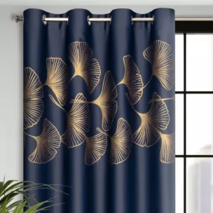 Zasłona granatowa ze złotym wzorem liści ginko, zaciemniająca 140x250 cm przelotka - HARMONY