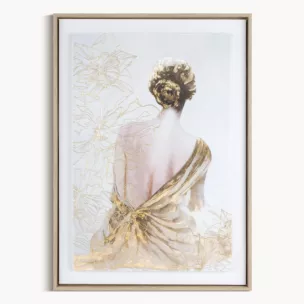 Obraz kremowo, złoty dekoracyjny z artystycznym motywem postaci oprawiony w ramę 50x70 cm