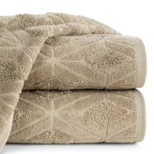 Ręcznik kąpielowy 50x90 cm bawełniany kolor jasnobrązowy zdobiony geometrycznym wzorem 500 g/m2 SENDI