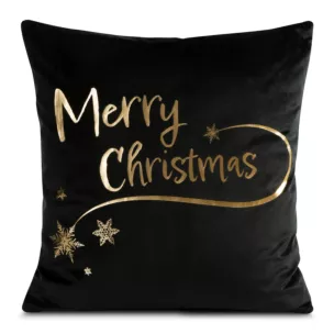 Poszewka na poduszkę 45x45 cm welwetowa, czarno złota świąteczna zdobiona złotym nadrukiem ASTRA