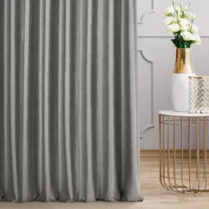 Zasłona szyta na taśmie 5 cm stalowo szampańska z tkaniny welwetowej z błyszczącym nadrukiem