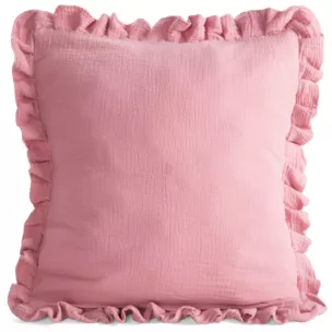 Poszewka na poduszkę 45x45 cm muślinowa z ozdobną falbanką na brzegach różowa MUŚLIN 1