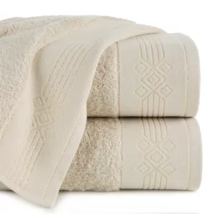 Ręcznik KAMELA bawełniany z bordiurą z geometrycznym ornamentem utkanym srebrną nicią