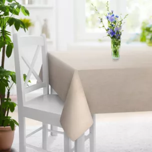 Obrus szyty beżowy z miękkiej szenilowej tkaniny z efektem melanżu