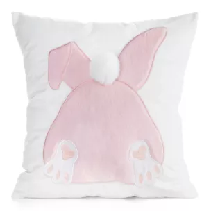 Wielkanocna poszewka na poduszkę 45x45 cm welwetowa z uroczym zajączkiem biała, jasnoróżowa WIOSNA 129
