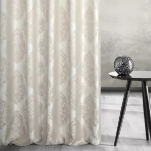 Zasłona szyta na taśmie 5 cm jasnobeżowo beżowa tkanina w ornamentowy wzór, z dodatkiem połyskującej nici