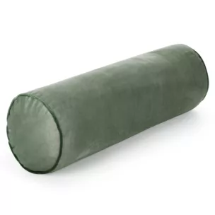 Poduszka dekoracyjna wałek 15 x 45 cm welwetowa oliwkowa zdobiony kontrastującą lamówką GAJA