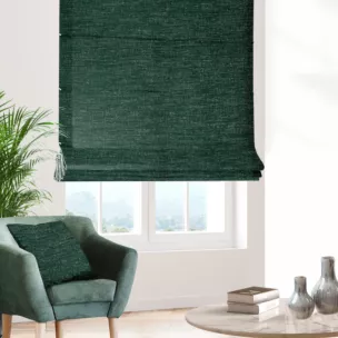 Roleta rzymska zielona z szenilowej tkaniny z dodatkiem połyskującej nici