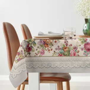 Obrus jasnoszaro, różowy 140x180 cm gobelinowy zdobiony tkanym motywem kwiatowym