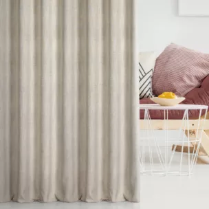 Zasłona szyta na taśmie 5 cm beżowa z tkaniny w stylu eko o naturalnym splocie, z efektem melanżu, wykończona obciążnikiem