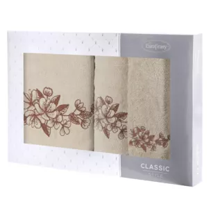 Zestaw ręczników bawełnianych na prezent 3 szt kolor beżowy,brązowy z haftowanym motywem kwiatu wiśni 400 g/m2 SOFIA