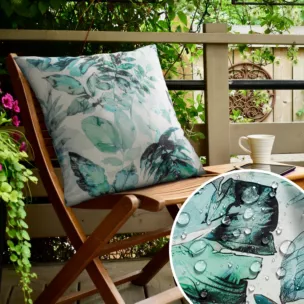 Poszewka na poduszkę 45x45 cm z tkaniny wodoodpornej biało, zielona idealna do ogrodu i na taras z motywem roślinnym GARDEN 2