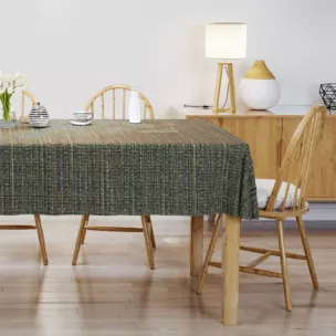 Obrus szyty czarno turkusowy z tkaniny o grubym, naturalnym splocie z połyskiem