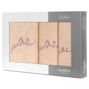 Zestaw upominkowy FAIRY 3 szt ręczników z haftem z motywem motyli w kartonowym opakowaniu na prezent