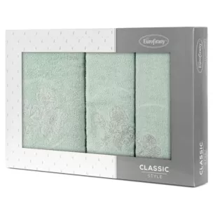 Zestaw ręczników bawełnianych na prezent 3 szt kolor ciemno turkusowy, srebrny z haftem kwiatów 400 g/m2 MELANI