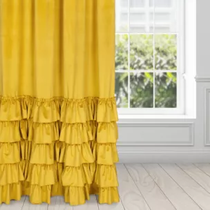 Zasłona welwetowa musztardowa zdobiona falbanami 140x270 cm taśma - CHARLOTTE