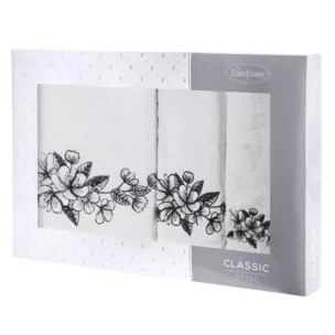 Zestaw ręczników bawełnianych na prezent 3 szt kolor biały,czarny z haftowanym motywem kwiatu wiśni 400 g/m2 SOFIA