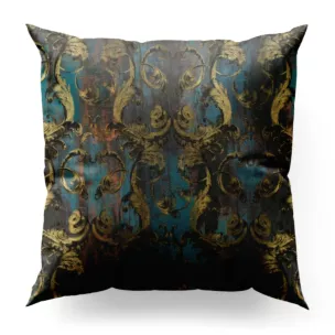 Poszewka szyta ciemnoturkusowo złota z miękkiej tkaniny w elegancki ornamentowy wzór