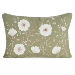 Poszewka na poduszkę 35x50 cm o naturalnym splocie zdobiona haftem wiosennych kwiatów zielono, biała WIOSNA 123