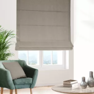 Roleta rzymska jasnobrązowa z tkaniny typu dimout o średnim stopniu zaciemnienia