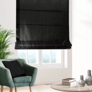 Roleta rzymska JULIETT czarna z eleganckiej połyskującej tkaniny przetykanej lureksową nicią