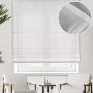 Roleta rzymska biała z tkaniny o naturalnym splocie, typu ETAMINA, wykończonej obciążnikiem