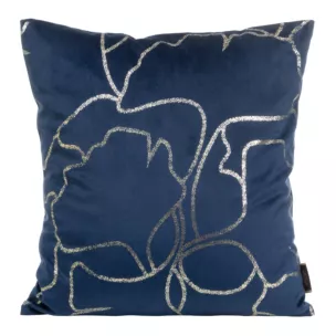 Poszewka na poduszkę 45x45 cm welwetowa granatowa z błyszczącym nadrukiem liści miłorzębu BLINK 35