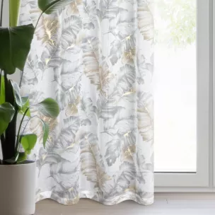 Zasłona biało, srebrna z etaminy zdobiona nadrukiem liści z szampańskim błyszczącym wykończeniem 140x250 cm przelotka - LAYLA