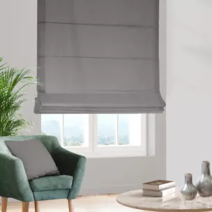 Roleta rzymska szara z tkaniny typu Blackout zaciemniającej w 100%