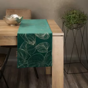 Bieżnik na stół ciemnozielono, złocisty 35x180 cm welwetowy BLINK 16 z dużym wzorem liści