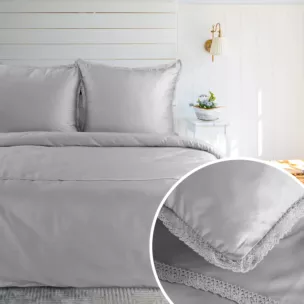 Pościel 160x200 cm komplet 3 częściowy z satyny bawełnianej kolor jasnoszary zdobiona elegancką koronką RETRO 5