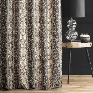 Zasłona szyta na taśmie 5 cm ANKARA czarno złocista elegancka z pasami ornamentowego wzoru i połyskliwą nicią lureksową