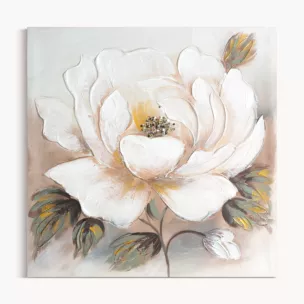 Obraz z kwiatem biało, beżowy ręcznie malowany na płótnie ze złotym zdobieniem 60x60 cm