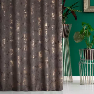 Zasłona szyta na flexach grafitowo złota z grubej, matowej tkaniny welwetowej z połyskliwym nadrukiem Italissima Eva Minge