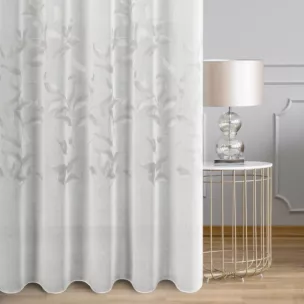 Firana szyta na taśmie 5 cm biało srebrna burnout z etaminy w motywy roślinne, wykończona obciążnikiem