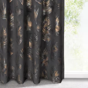 Zasłona welwetowa czarno, szampańska z błyszczącym nadrukiem palmowych liści 140x300 cm taśma - GLORIA