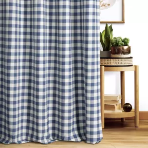 Zasłona szyta na taśmie 5 cm naturalno niebieska z tkaniny w kratę