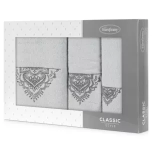 Zestaw ręczników bawełnianych na prezent 3 szt kolor srebrny, stalowy z haftem 400 g/m2 LAURA