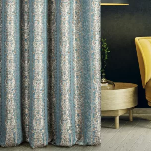 Zasłona szyta na taśmie 5 cm ANKARA turkusowo złocista elegancka z pasami ornamentowego wzoru i połyskliwą nicią lureksową